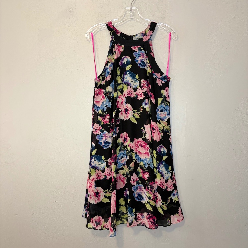 Betsey Johnson Floral Halter Trapeze Dress Sz 4 Black Pink Rose Chiffon Mini Vtg